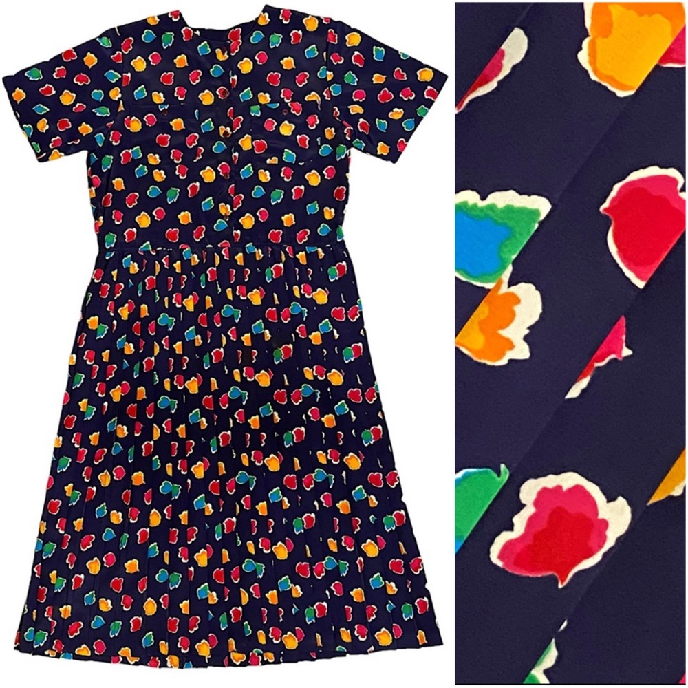 VINTAGE LIZ ROBERTS COLORFUL BUTTON DOWN PLEATED MIDI DRESS / LIZ PETITE  SZ 10
